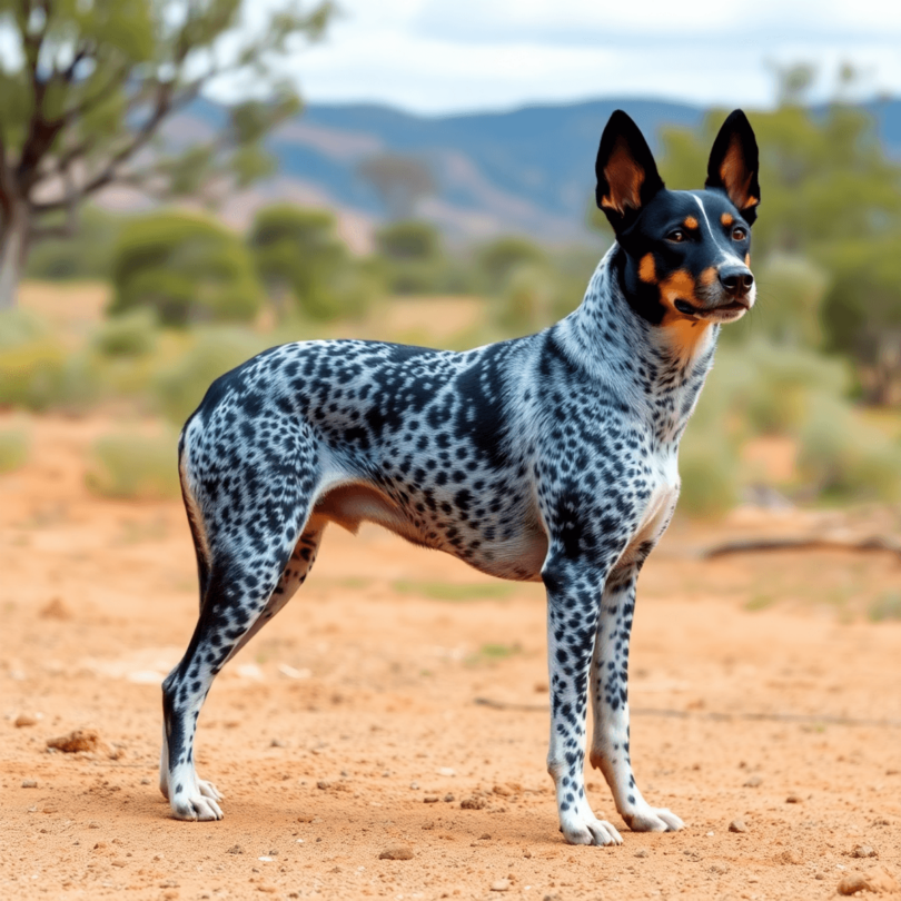 A Blue Heeler stands alert in a rustic Australian landscape, showcasing its blue speckled coat and athletic build, embodying intelligence and loyalty.