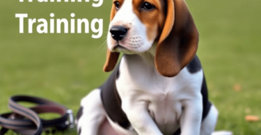 A cute Basset Hound puppy with droopy ears and soulful eyes sitting on grass, surrounded by a leash and treats, representing training and companion...