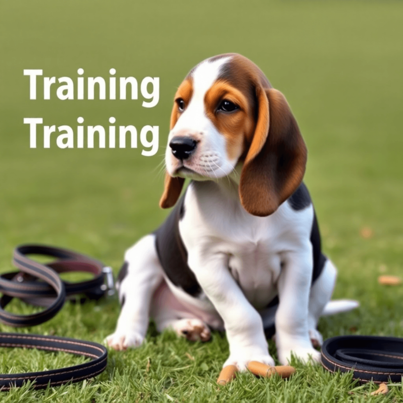 A cute Basset Hound puppy with droopy ears and soulful eyes sitting on grass, surrounded by a leash and treats, representing training and companion...