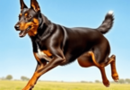 A dynamic Australian Kelpie in action, herding sheep across open fields under a clear blue sky, showcasing its athletic build and energetic demeanor.