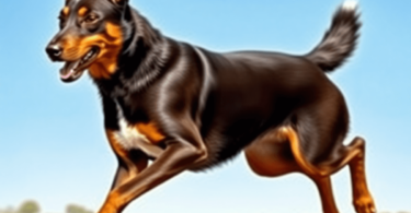 A dynamic Australian Kelpie in action, herding sheep across open fields under a clear blue sky, showcasing its athletic build and energetic demeanor.