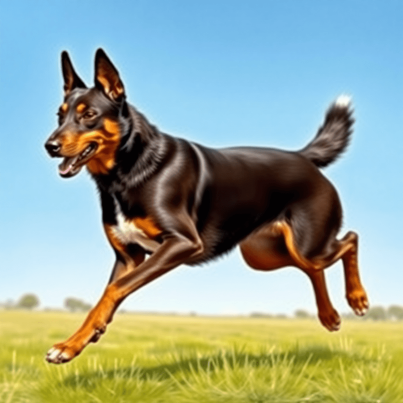 A dynamic Australian Kelpie in action, herding sheep across open fields under a clear blue sky, showcasing its athletic build and energetic demeanor.