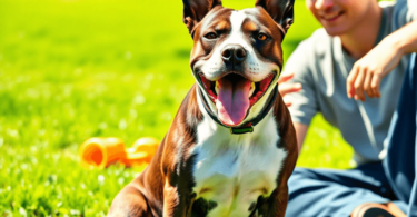 A happy American Staffordshire Terrier sits beside its owner in a sunny backyard, surrounded by green grass and toys, showcasing their bond and tra...