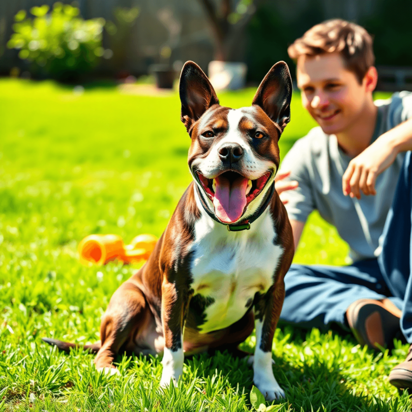 A happy American Staffordshire Terrier sits beside its owner in a sunny backyard, surrounded by green grass and toys, showcasing their bond and tra...