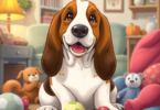 A happy Basset Hound with droopy ears sits in a cozy home surrounded by toys, radiating warmth and affection in a family-friendly atmosphere.