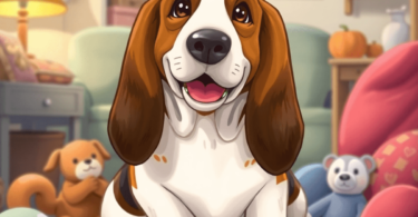 A happy Basset Hound with droopy ears sits in a cozy home surrounded by toys, radiating warmth and affection in a family-friendly atmosphere.