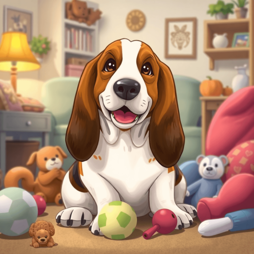 A happy Basset Hound with droopy ears sits in a cozy home surrounded by toys, radiating warmth and affection in a family-friendly atmosphere.