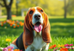 A joyful Basset Hound with droopy ears and soulful eyes sits in a sunny park, surrounded by lush green grass and colorful flowers.