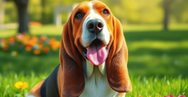 A joyful Basset Hound with droopy ears and soulful eyes sits in a sunny park, surrounded by lush green grass and colorful flowers.