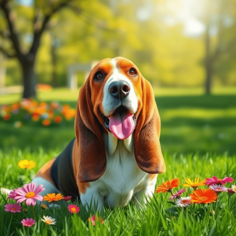 A joyful Basset Hound with droopy ears and soulful eyes sits in a sunny park, surrounded by lush green grass and colorful flowers.