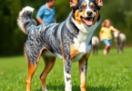 A lively Australian Cattle Dog in a green field, energetically herding sheep, embodying its playful spirit and versatility as a loyal companion.