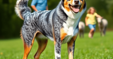 A lively Australian Cattle Dog in a green field, energetically herding sheep, embodying its playful spirit and versatility as a loyal companion.