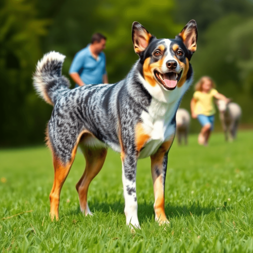 A lively Australian Cattle Dog in a green field, energetically herding sheep, embodying its playful spirit and versatility as a loyal companion.