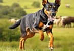 A lively Australian Kelpie dog in motion across a lush green landscape, with sheep grazing in the distance, showcasing its athleticism and herding ...