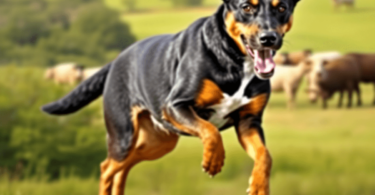 A lively Australian Kelpie dog in motion across a lush green landscape, with sheep grazing in the distance, showcasing its athleticism and herding ...