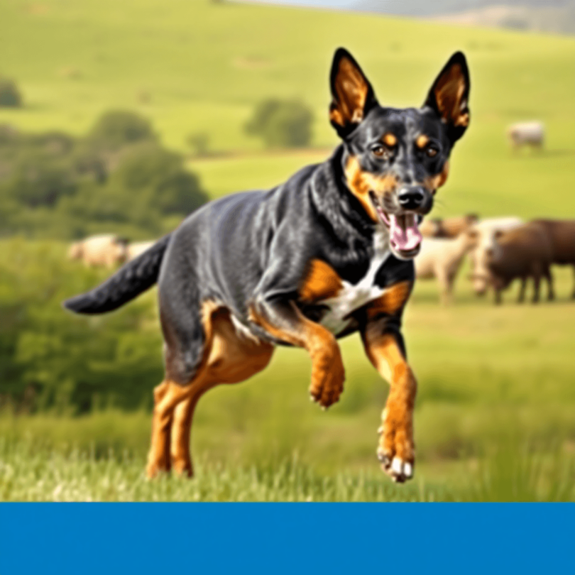 A lively Australian Kelpie dog in motion across a lush green landscape, with sheep grazing in the distance, showcasing its athleticism and herding ...