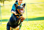 A lively Australian Kelpie eagerly trains with a trainer, showcasing agility and intelligence in a sunny outdoor setting filled with energy.