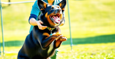 A lively Australian Kelpie eagerly trains with a trainer, showcasing agility and intelligence in a sunny outdoor setting filled with energy.