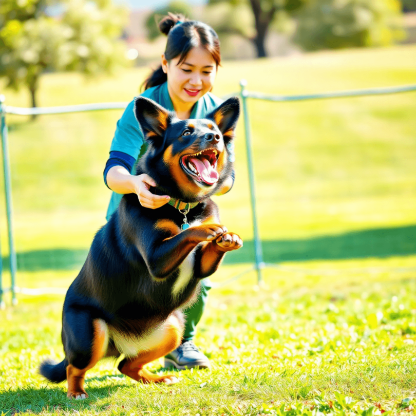 A lively Australian Kelpie eagerly trains with a trainer, showcasing agility and intelligence in a sunny outdoor setting filled with energy.