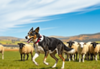 A lively Australian Kelpie herding sheep in a scenic landscape with rolling hills and open fields under a clear blue sky, highlighting the dog's ag...