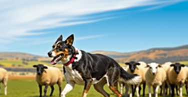 A lively Australian Kelpie herding sheep in a scenic landscape with rolling hills and open fields under a clear blue sky, highlighting the dog's ag...