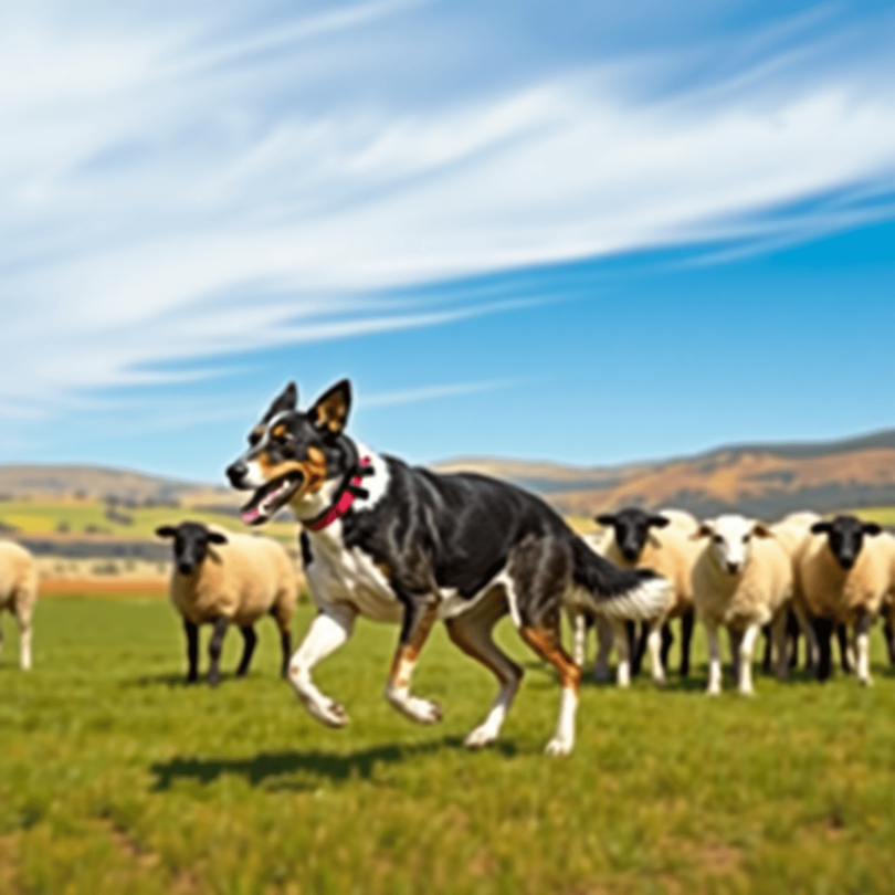 A lively Australian Kelpie herding sheep in a scenic landscape with rolling hills and open fields under a clear blue sky, highlighting the dog's ag...