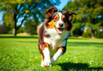 A lively Australian Shepherd dog running in a lush green park under a clear blue sky, surrounded by trees, showcasing its athletic build and playfu...