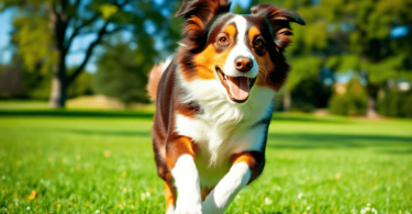 A lively Australian Shepherd dog running in a lush green park under a clear blue sky, surrounded by trees, showcasing its athletic build and playfu...