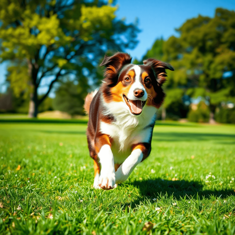 A lively Australian Shepherd dog running in a lush green park under a clear blue sky, surrounded by trees, showcasing its athletic build and playfu...