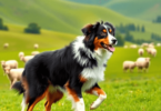 A lively Australian Shepherd dog stands in a lush green ranch, surrounded by rolling hills and grazing sheep, showcasing its agility and herding in...