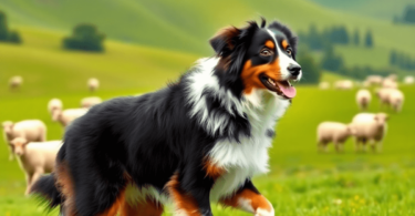 A lively Australian Shepherd dog stands in a lush green ranch, surrounded by rolling hills and grazing sheep, showcasing its agility and herding in...