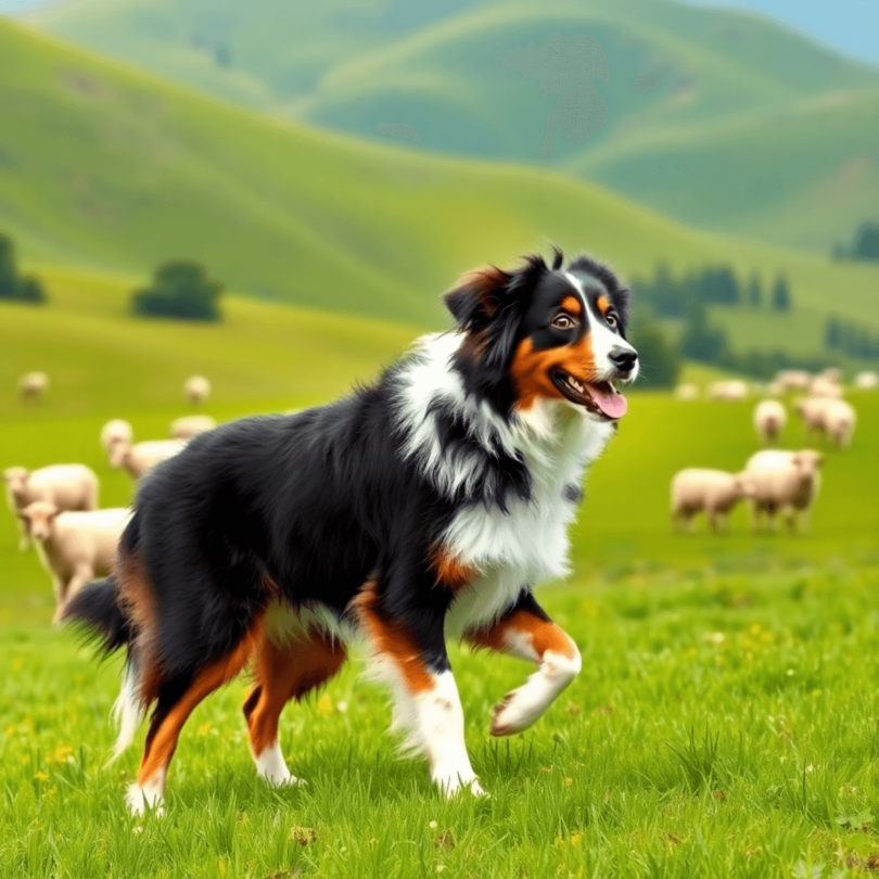 A lively Australian Shepherd dog stands in a lush green ranch, surrounded by rolling hills and grazing sheep, showcasing its agility and herding in...