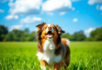 A lively Australian Shepherd dog with unique coat colors playing in a lush green field under a clear blue sky, embodying joy and companionship.