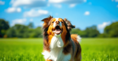 A lively Australian Shepherd dog with unique coat colors playing in a lush green field under a clear blue sky, embodying joy and companionship.