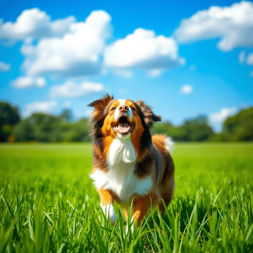 A lively Australian Shepherd dog with unique coat colors playing in a lush green field under a clear blue sky, embodying joy and companionship.