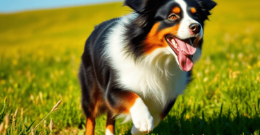 A lively Australian Shepherd runs through a lush green field, its colorful double-layer coat shimmering under a clear blue sky, embodying energy an...