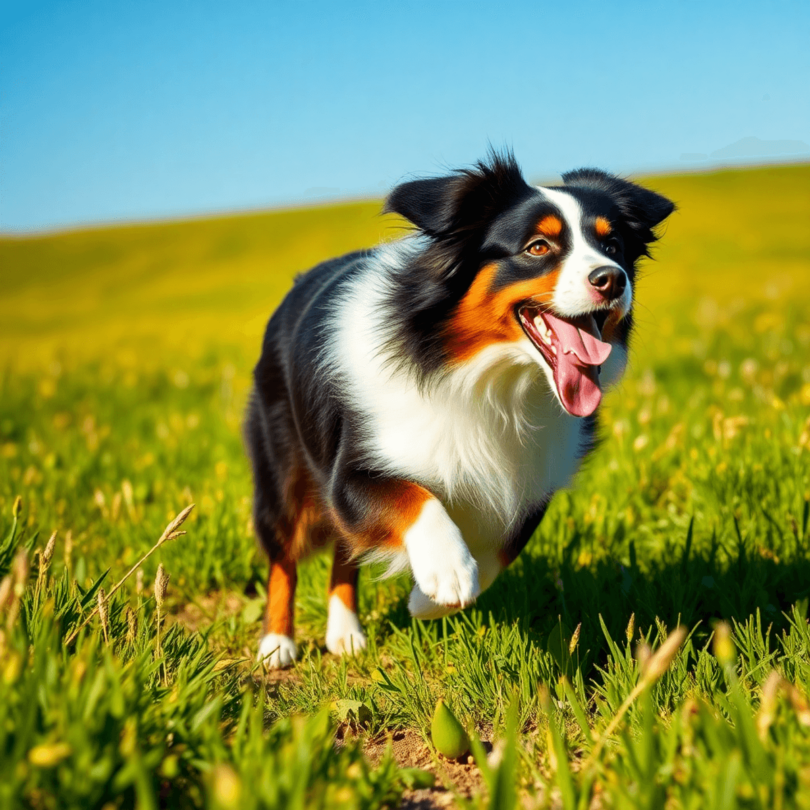 A lively Australian Shepherd runs through a lush green field, its colorful double-layer coat shimmering under a clear blue sky, embodying energy an...