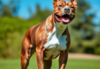 A muscular American Staffordshire Terrier stands proudly on green grass under a blue sky, showcasing its shiny coat and friendly demeanor in a vibr...