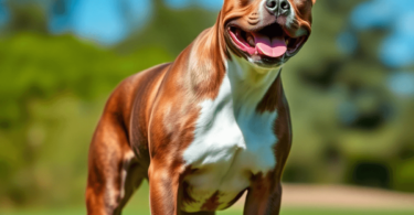 A muscular American Staffordshire Terrier stands proudly on green grass under a blue sky, showcasing its shiny coat and friendly demeanor in a vibr...