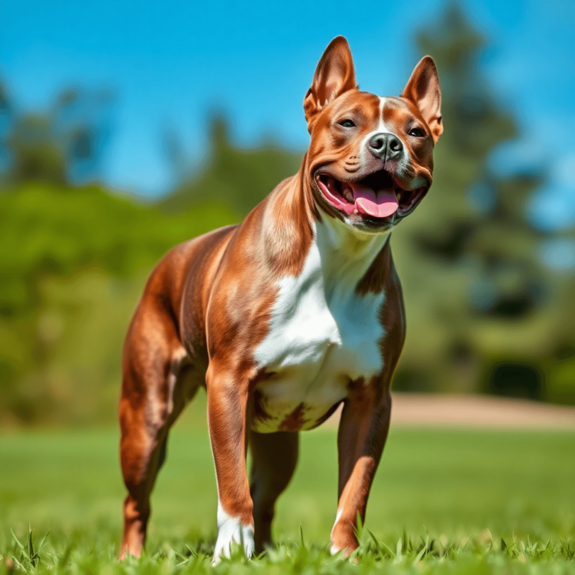 A muscular American Staffordshire Terrier stands proudly on green grass under a blue sky, showcasing its shiny coat and friendly demeanor in a vibr...