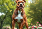 A muscular American Staffordshire Terrier stands proudly in a vibrant green park, surrounded by trees and colorful flowers, exuding a friendly and ...