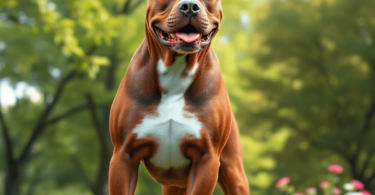 A muscular American Staffordshire Terrier stands proudly in a vibrant green park, surrounded by trees and colorful flowers, exuding a friendly and ...