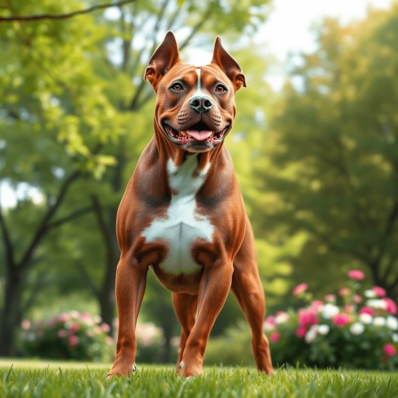 A muscular American Staffordshire Terrier stands proudly in a vibrant green park, surrounded by trees and colorful flowers, exuding a friendly and ...