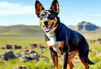 A playful Australian Kelpie dog in a rugged landscape, showcasing its sleek build and energetic demeanor against a backdrop of blue sky and green g...