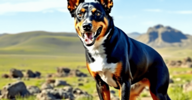 A playful Australian Kelpie dog in a rugged landscape, showcasing its sleek build and energetic demeanor against a backdrop of blue sky and green g...