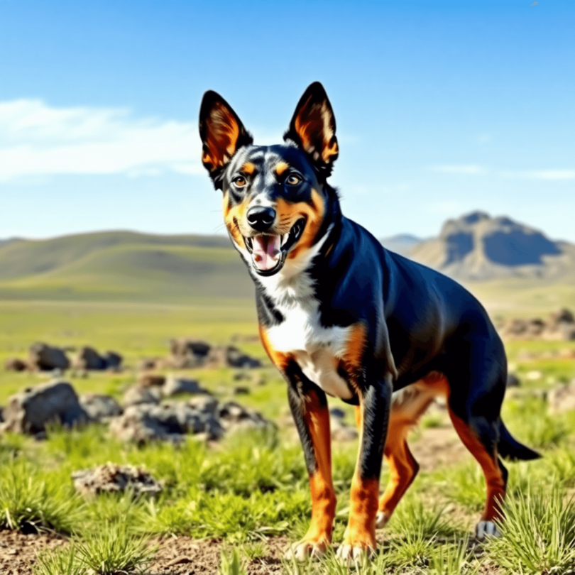 A playful Australian Kelpie dog in a rugged landscape, showcasing its sleek build and energetic demeanor against a backdrop of blue sky and green g...