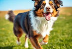 A playful Australian Shepherd dog mid-action, jumping in a lush green field under a bright blue sky, showcasing its vibrant coat and expressive eyes.