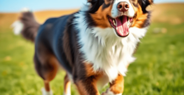 A playful Australian Shepherd dog mid-action, jumping in a lush green field under a bright blue sky, showcasing its vibrant coat and expressive eyes.