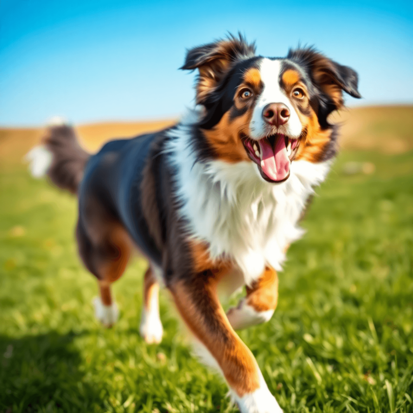 A playful Australian Shepherd dog mid-action, jumping in a lush green field under a bright blue sky, showcasing its vibrant coat and expressive eyes.