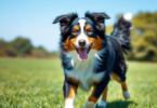 A playful Australian Shepherd dog runs through a green field under a bright blue sky, showcasing its striking coat and expressive eyes.